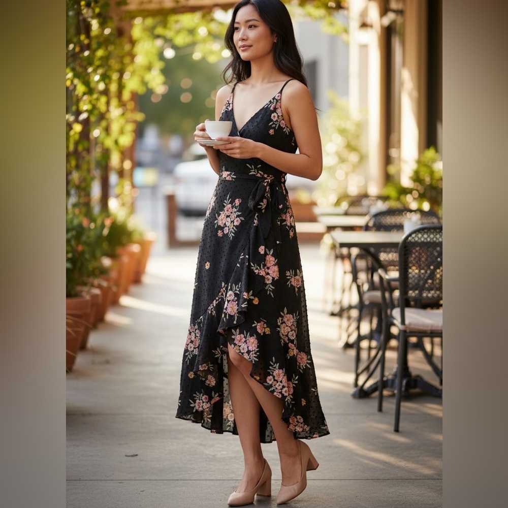 Dress the Population Black Floral Midi Wrap Dress